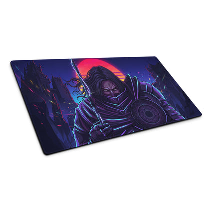Neon vaporwave samurai gaming mousepad with ninja-themed detailed armor design and vibrant neon purple red sunset backdrop