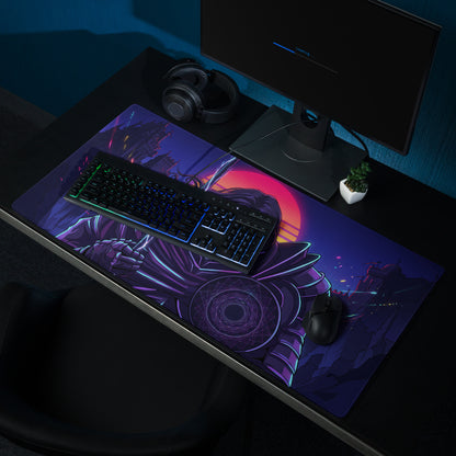 Ninja-themed gaming mousepad with vibrant purple orange neon samurai artwork on a smooth surface for intense retro gaming