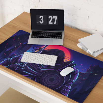 A dark blue gaming mousepad with a neon vaporwave samurai in purple black armor against a neon-lit sunset backdrop