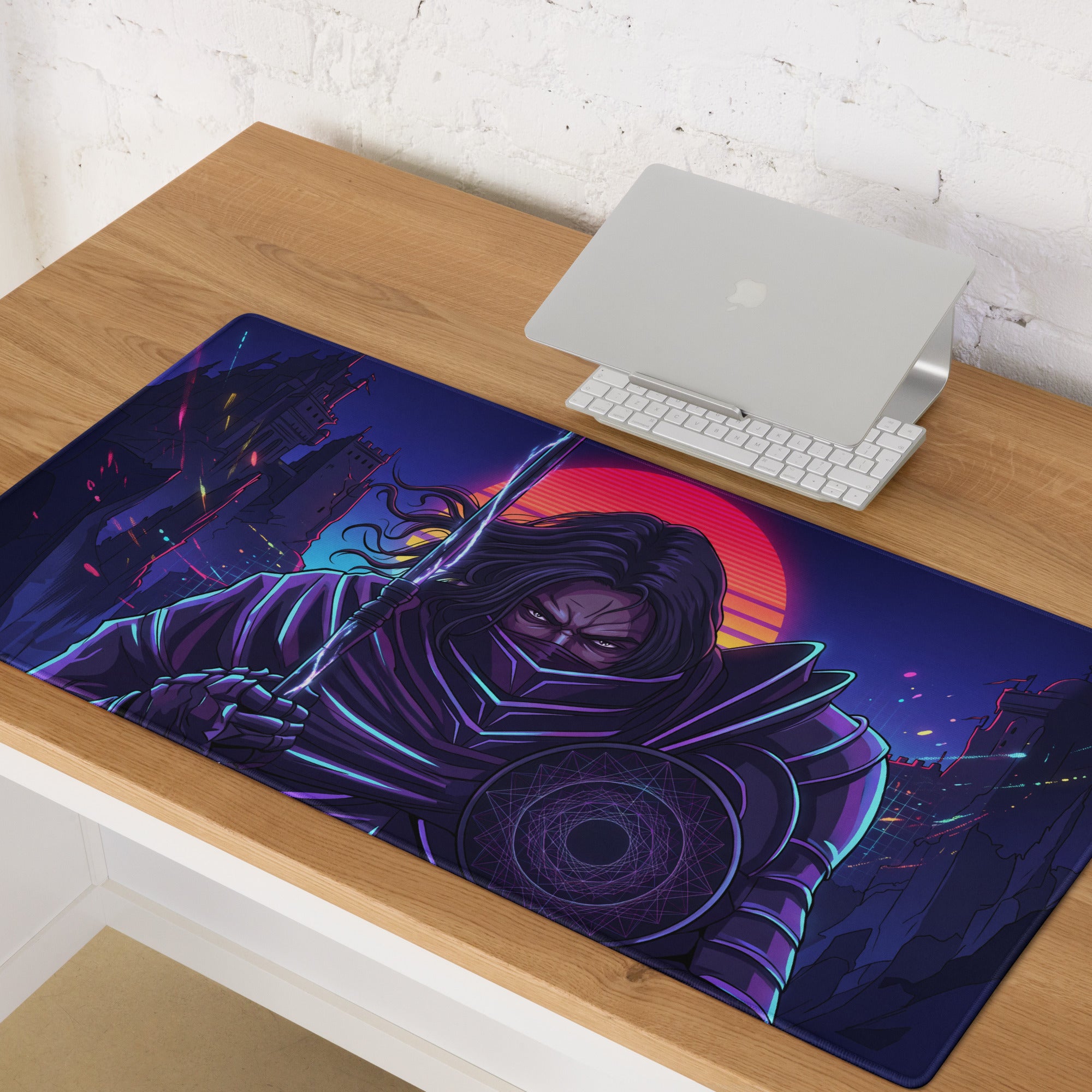 Neon vaporwave samurai pad gaming mousepad with vibrant purple and neon blue artwork of a futuristic warrior