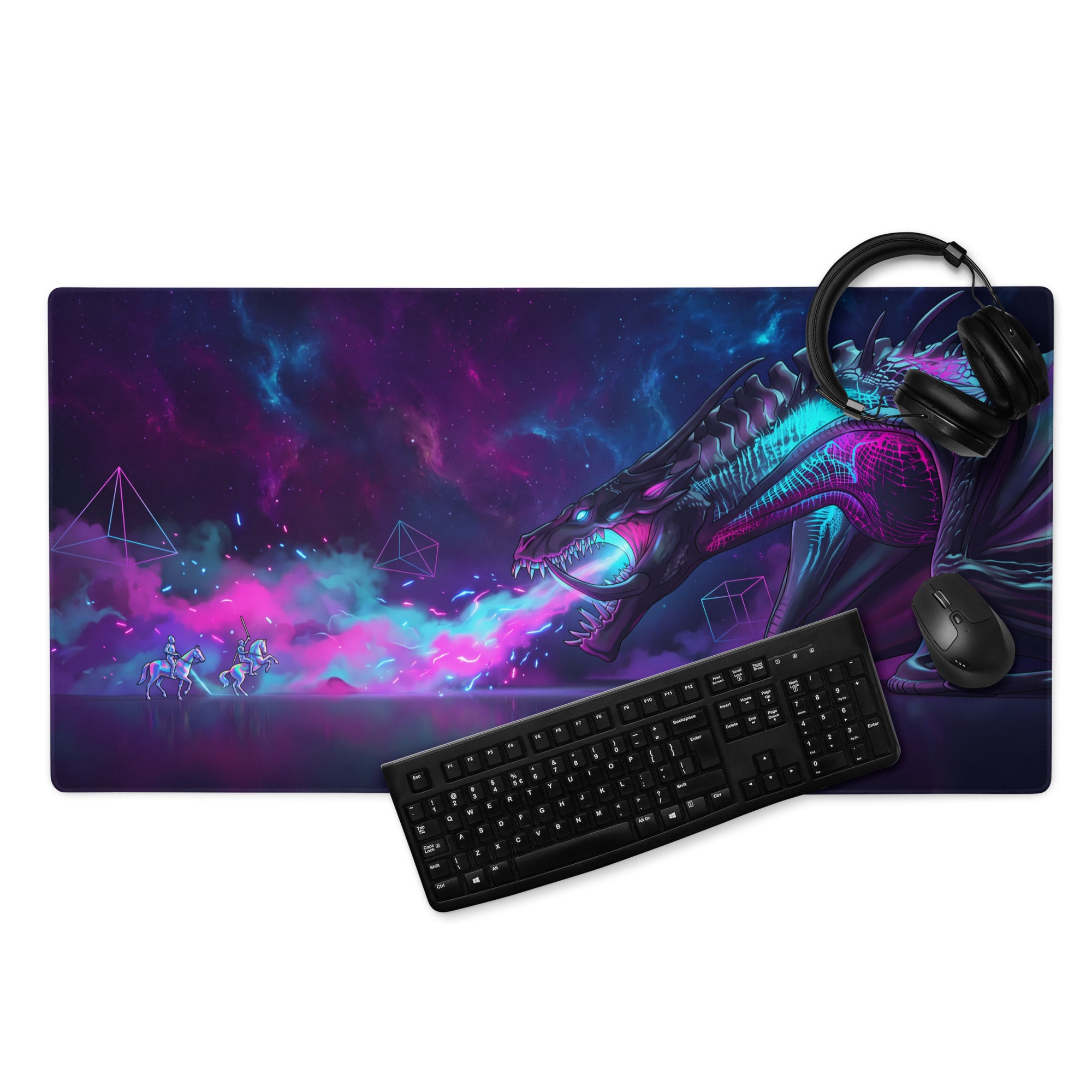 Neon dragon vaporwave gaming mouse pad with vibrant cosmic neon purple and blue nebula design for non slip use