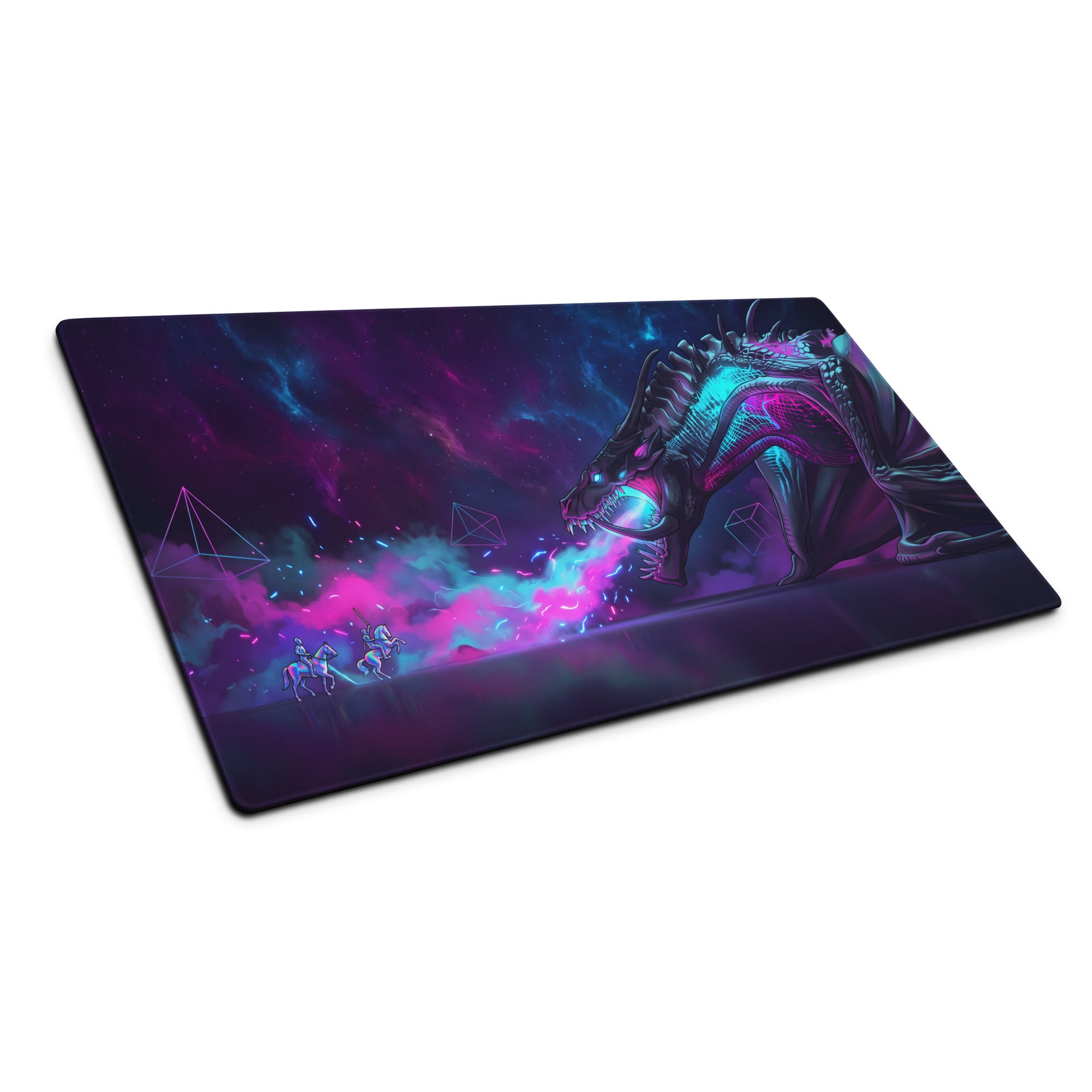 Neon dragon vaporwave mouse pad featuring a vibrant neon pink and teal dragon on a cosmic purple synthwave background