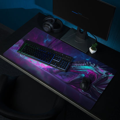 A vibrant purple and teal cosmic dragon-themed neon dragon vaporwave mouse pad with glossy surface and non slip base