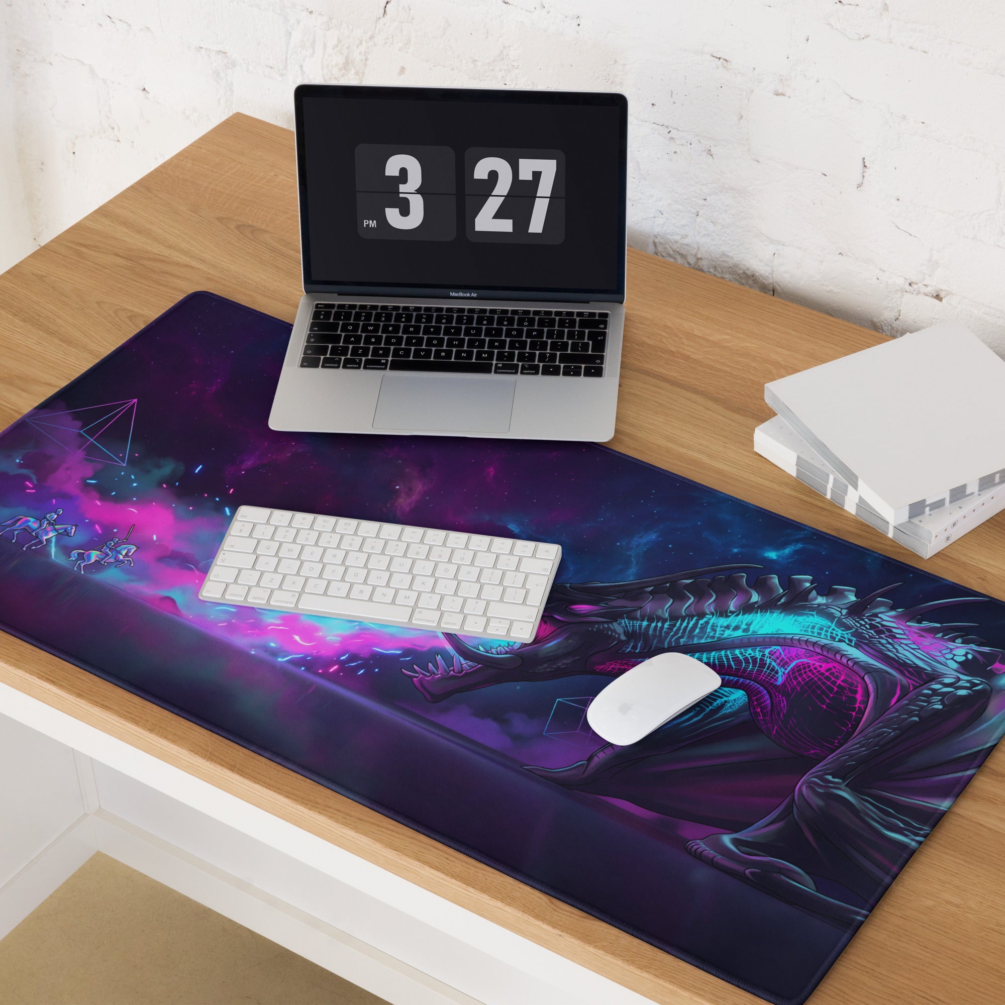 Vibrant cosmic dragon-themed neon dragon vaporwave mouse pad with purple and teal accents large non slip design