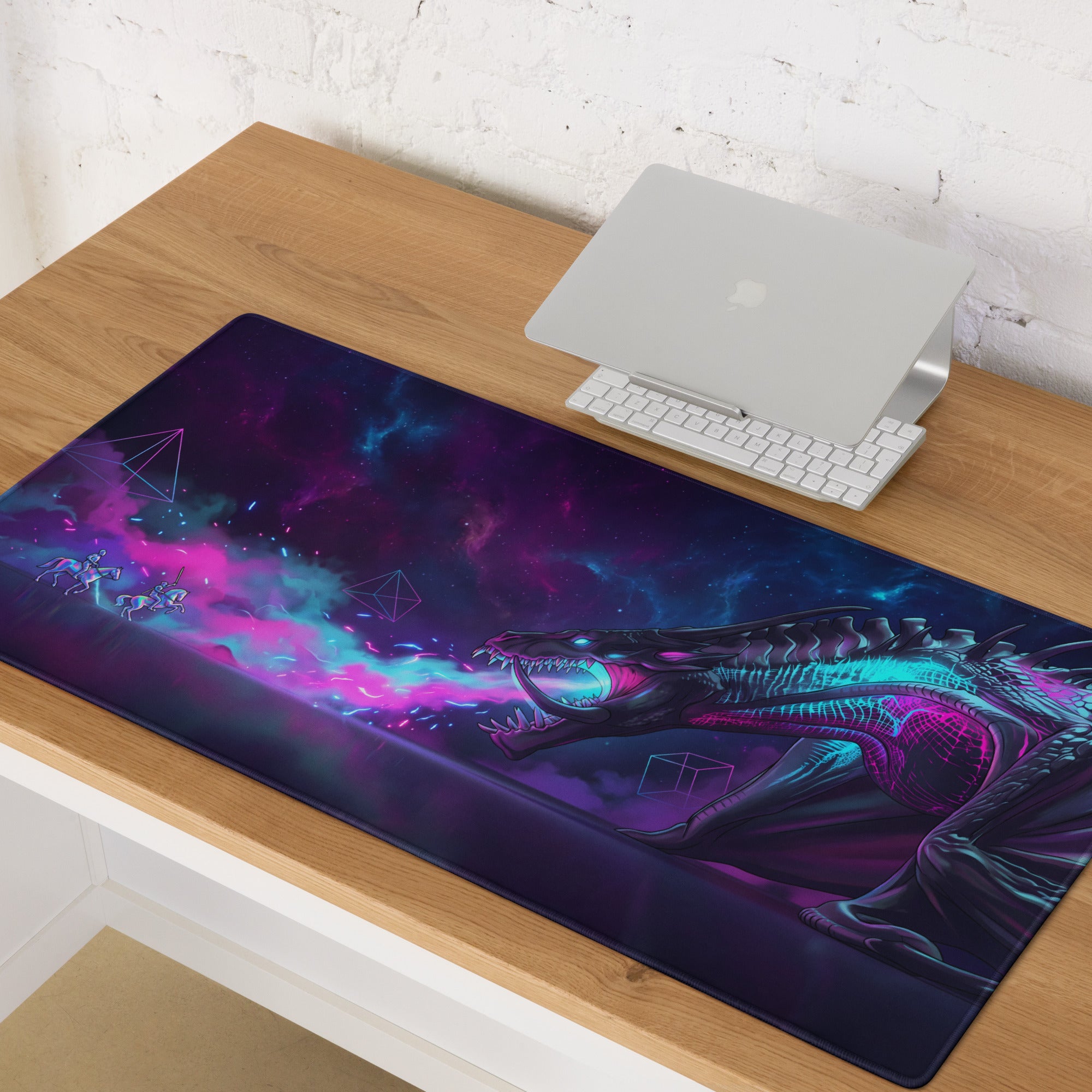 Neon dragon vaporwave mouse pad with vibrant purple and teal cosmic gradient and smooth non slip surface