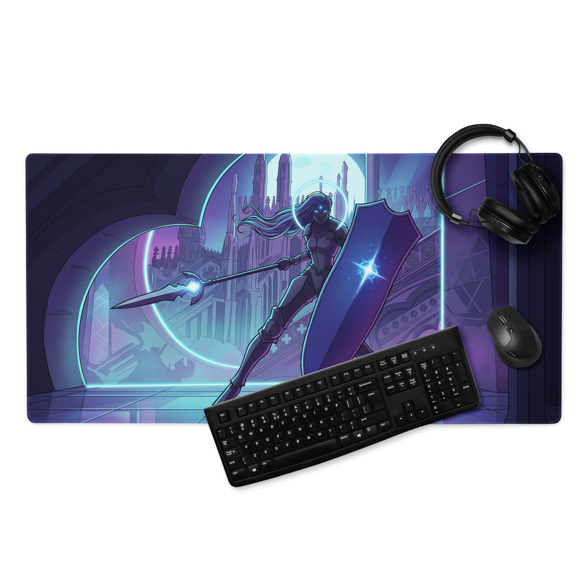 Purple and blue neon knight vaporwave gaming mouse pad with fantasy warrior and glowing weapons for gaming mood decor
