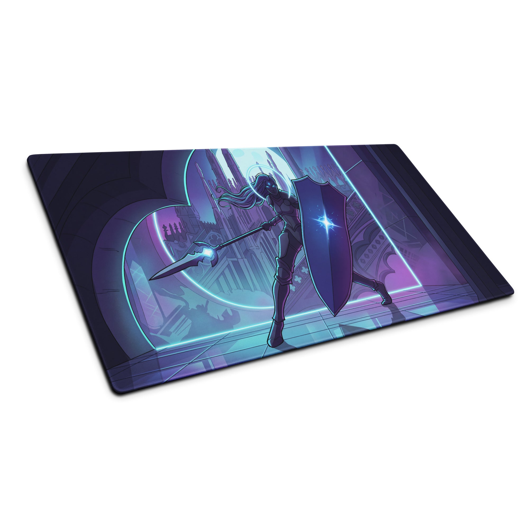 Purple and blue neon knight vaporwave gaming mouse pad featuring a fantasy warrior with sword and shield digital art