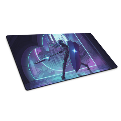 Purple and blue neon knight vaporwave gaming mouse pad featuring a fantasy warrior with sword and shield digital art