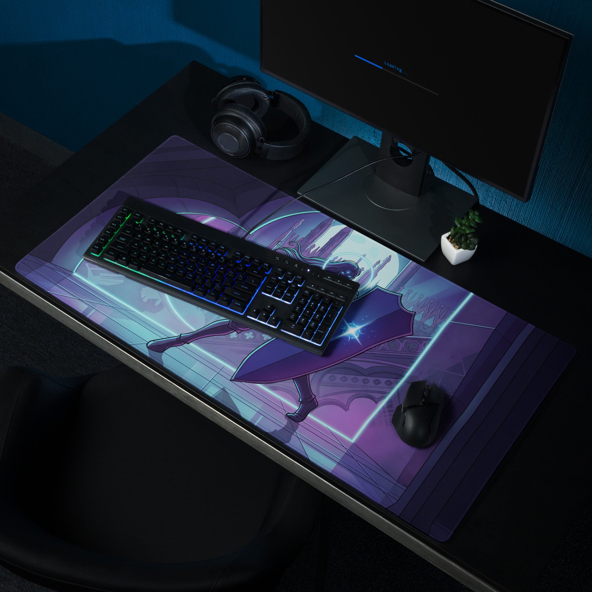 Neon knight vaporwave gaming mousepad with purple and blue glowing anime character design for a retro futuristic mood