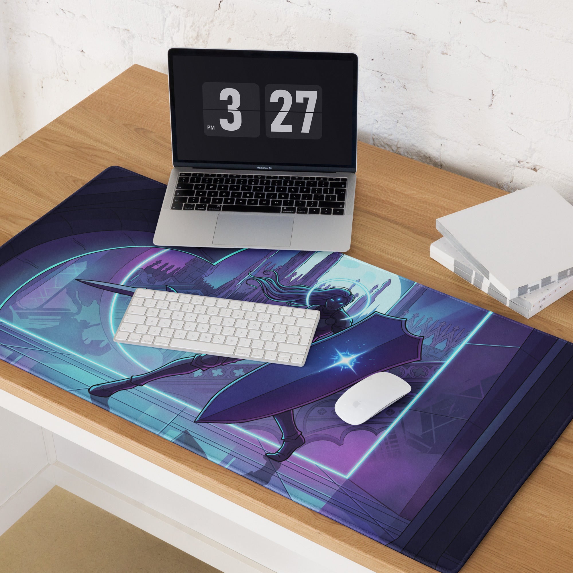 Purple and blue anime-themed neon knight vaporwave mouse pad with glowing sword design for gaming mood and decor