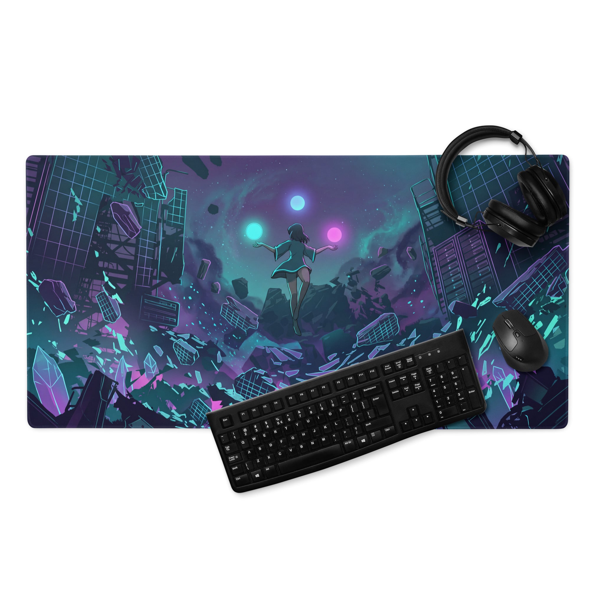 Vibrant rectangular vaporwave neon city mouse pad with cyberpunk anime scene glowing orbs in purple teal and pink