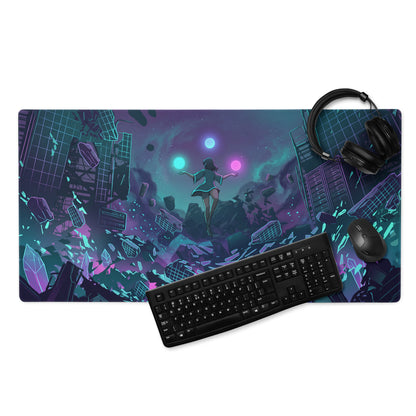Vibrant rectangular vaporwave neon city mouse pad with cyberpunk anime scene glowing orbs in purple teal and pink