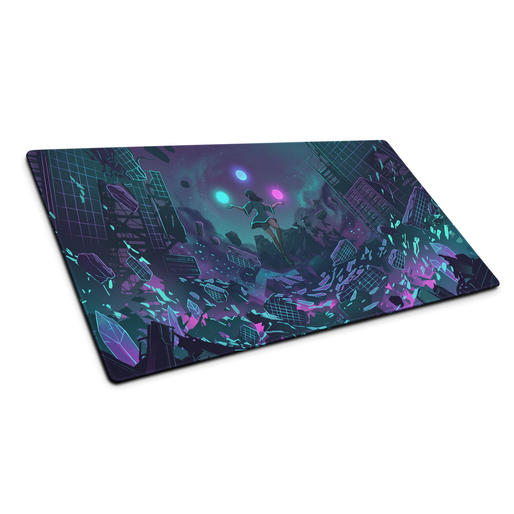 Rectangular vaporwave neon city mouse pad with vibrant anime illustration of figure and crystalline skyscrapers in purple teal