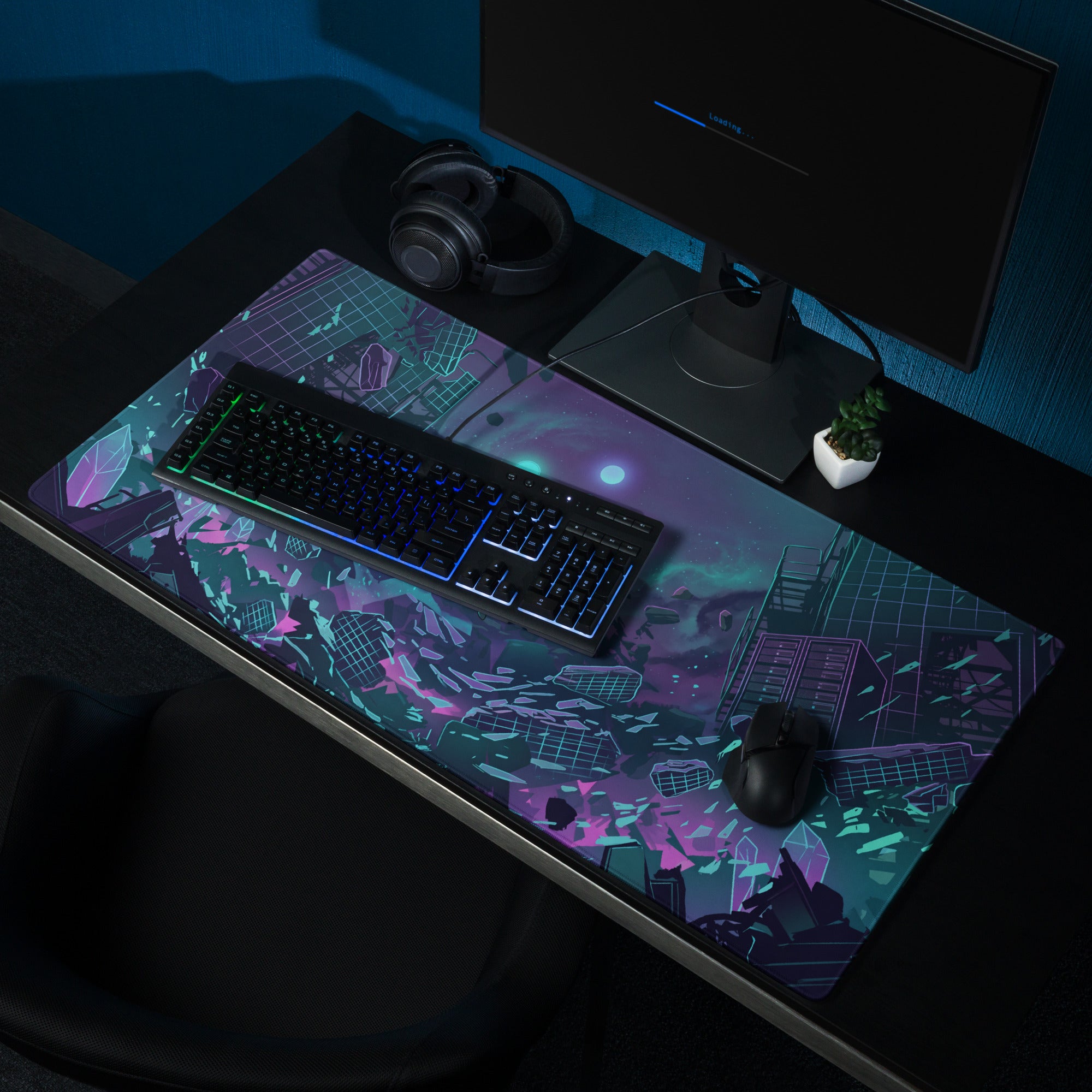 A vibrant purple and teal vaporwave neon city mouse pad with glossy finish and glowing geometric cyberpunk grid patterns