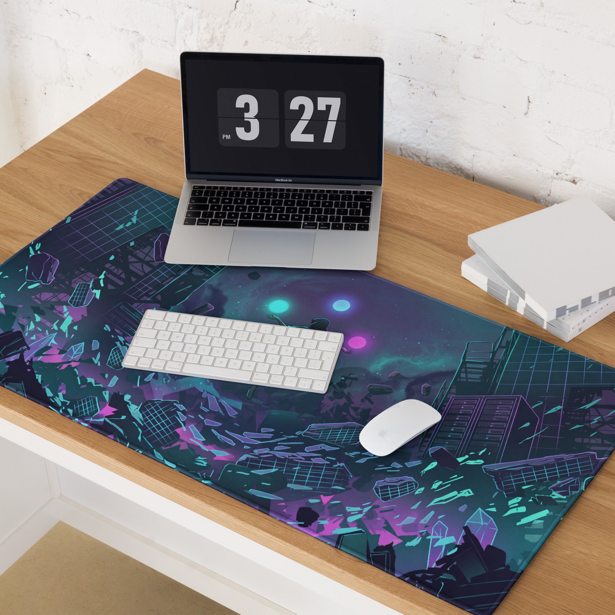 Vaporwave neon city mouse pad with glowing purple teal and pink geometric patterns on a dark cyberpunk background
