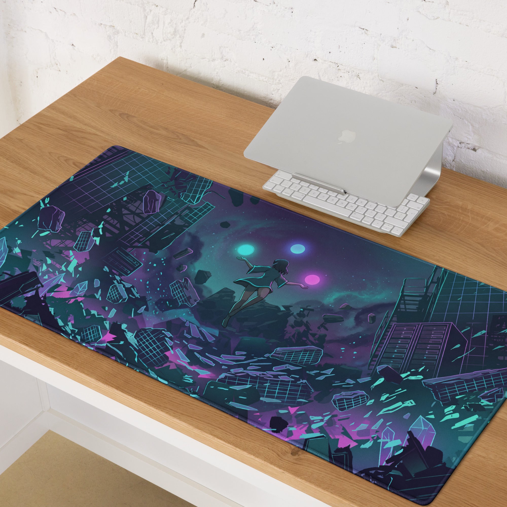Navy blue and teal vaporwave neon city gaming mousepad with glowing anime girl and floating digital debris design