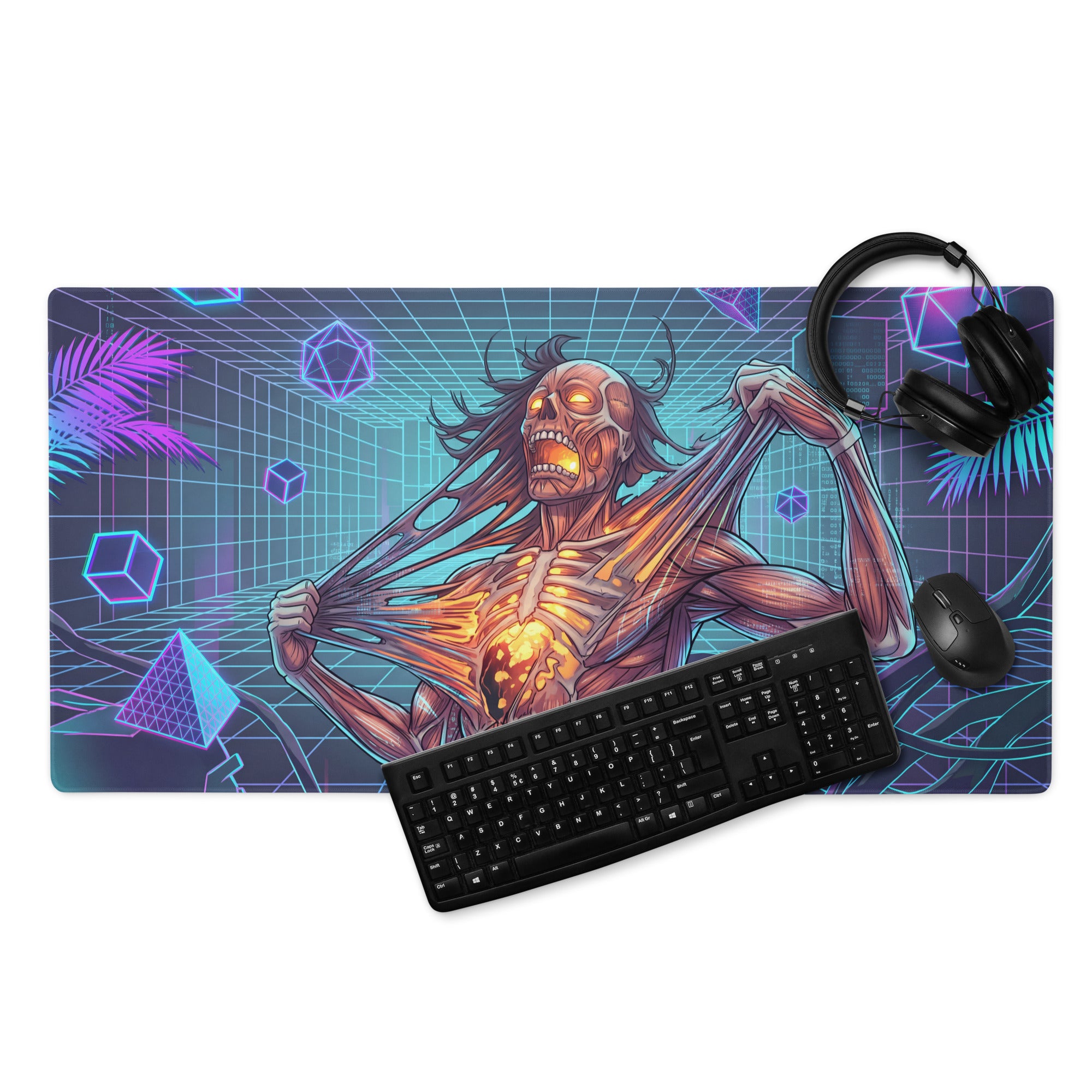 Vaporwave neon zombie pad gaming mousepad with vibrant neon blue purple colors and skeleton with glowing orange eyes