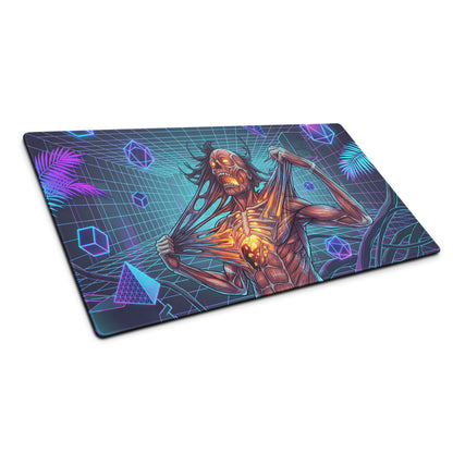 Vaporwave neon zombie pad gaming mouse pad with glowing muscular figure neon pink purple blue digital art design
