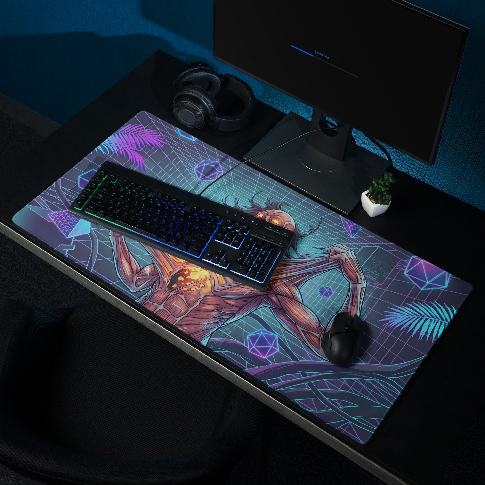 Neon pink purple blue vaporwave neon zombie pad gaming mouse pad with glowing muscular character and tropical foliage design