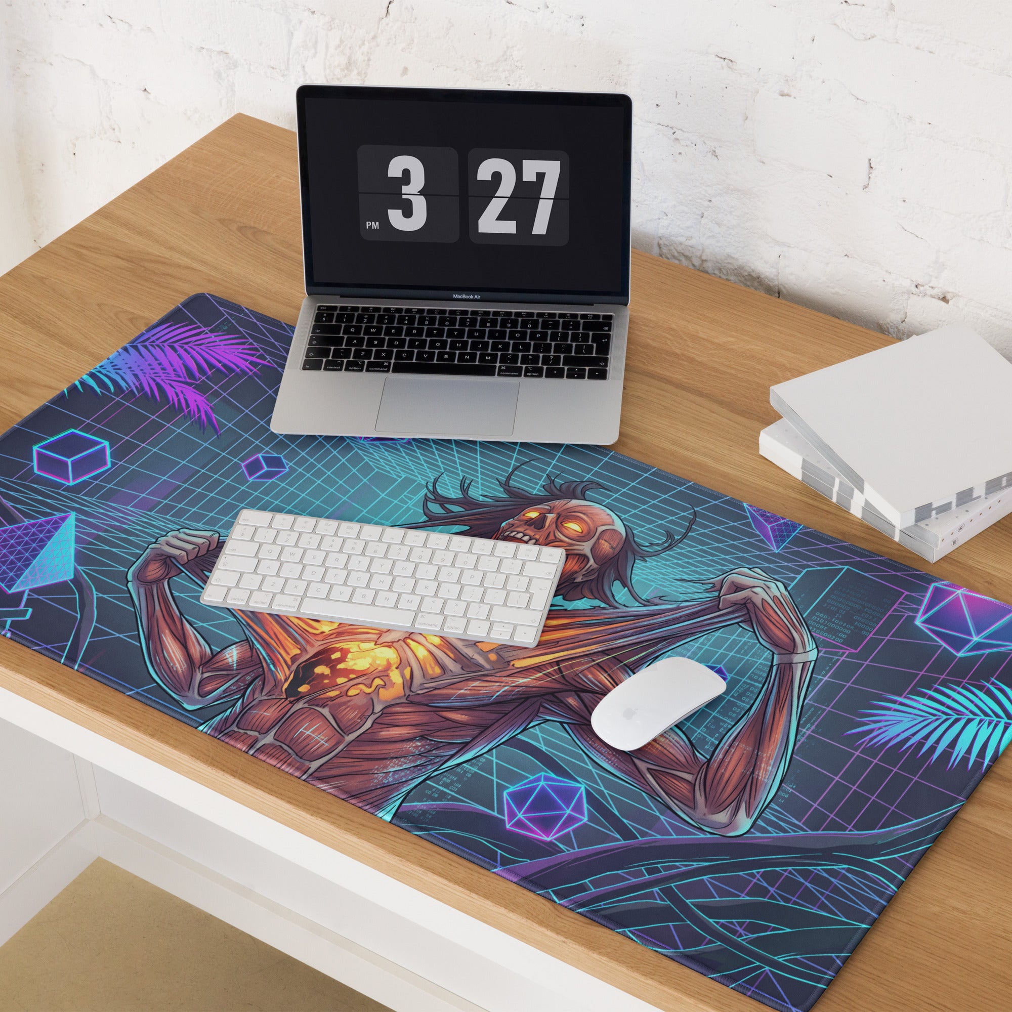 Vaporwave neon zombie gaming mouse pad with vibrant neon blue purple colors and muscular figure with glowing orange eyes