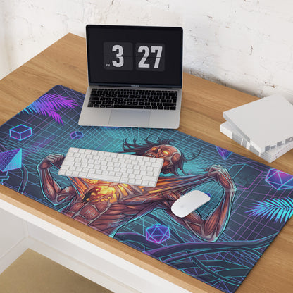 Vaporwave neon zombie gaming mouse pad with vibrant neon blue purple colors and muscular figure with glowing orange eyes
