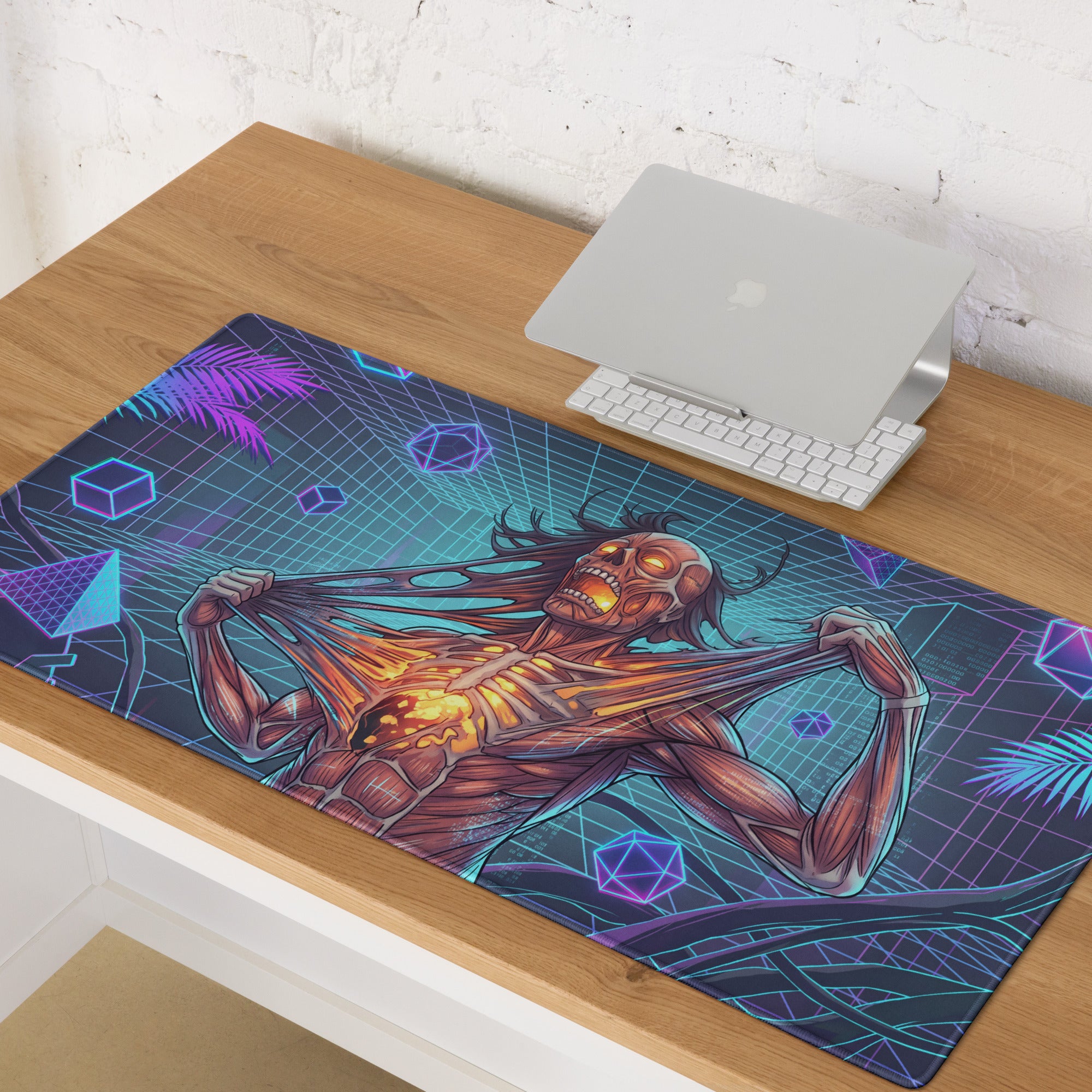 Vaporwave neon zombie pad gaming mousepad with muscular glowing skeleton on purple blue neon cyberpunk grid background