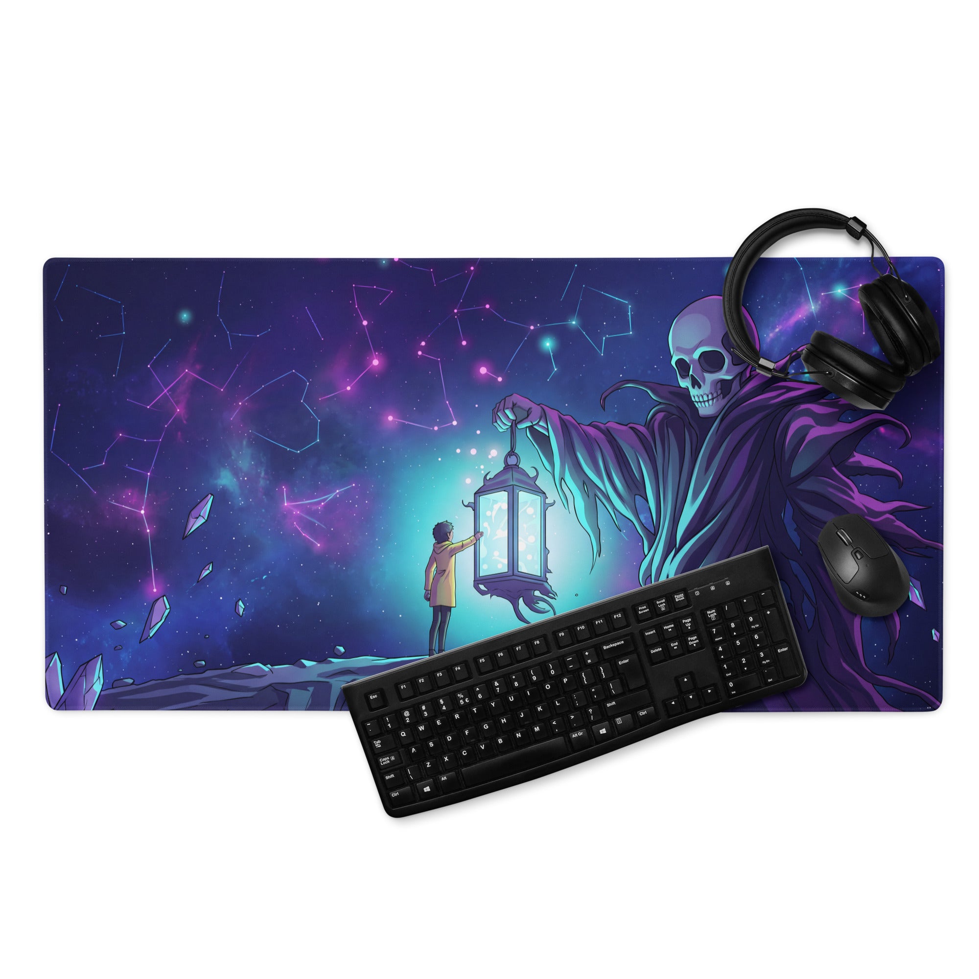 Neon skull vaporwave mousepad featuring a vivid cosmic scene with a skeletal figure holding a lantern on purple and pink background