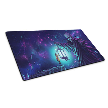 Neon skull vaporwave rectangular gaming mousepad with vivid skeletal figure and child in purple pink cosmic design