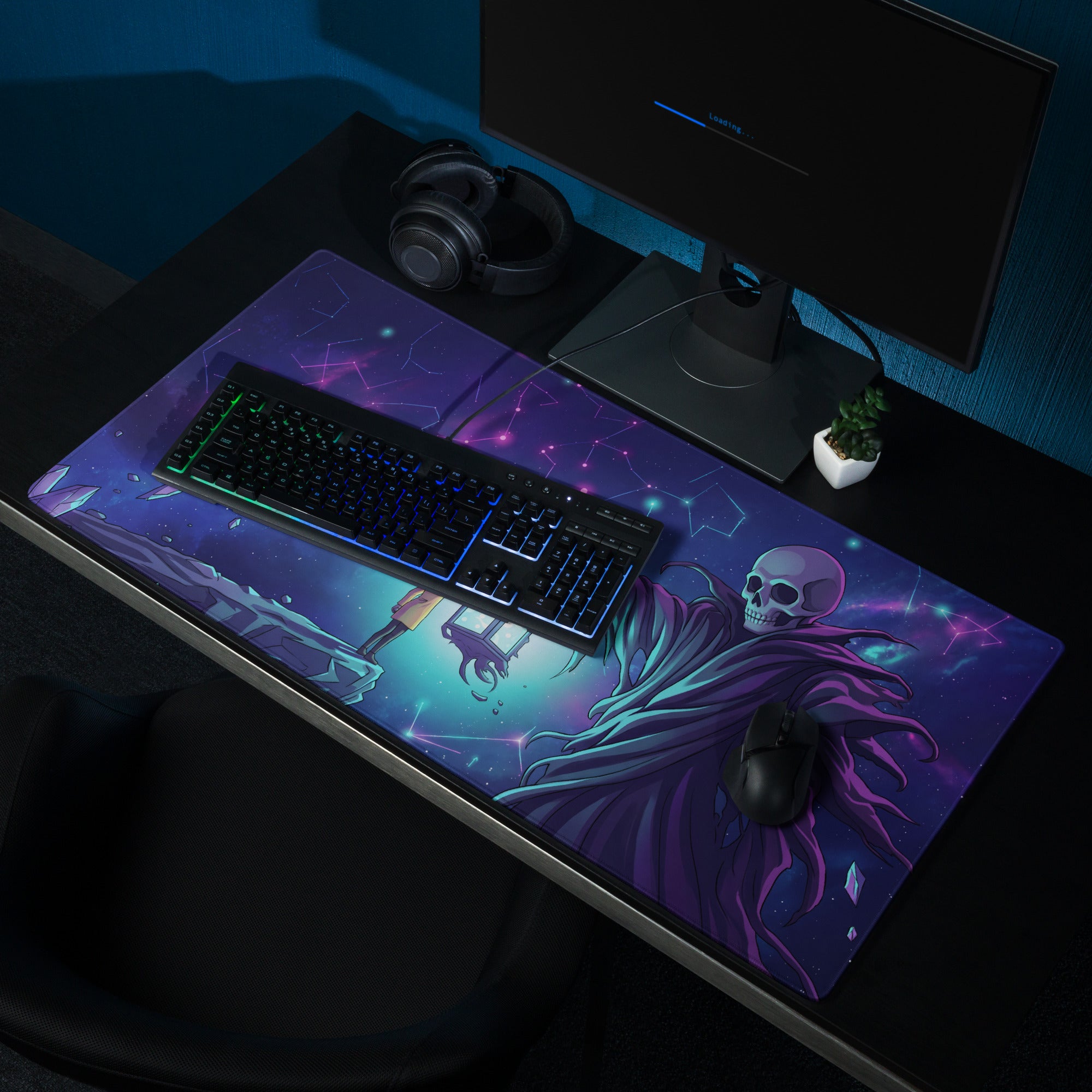Neon skull vaporwave mouse pad with purple and blue cosmic design featuring a skeletal figure in flowing robes