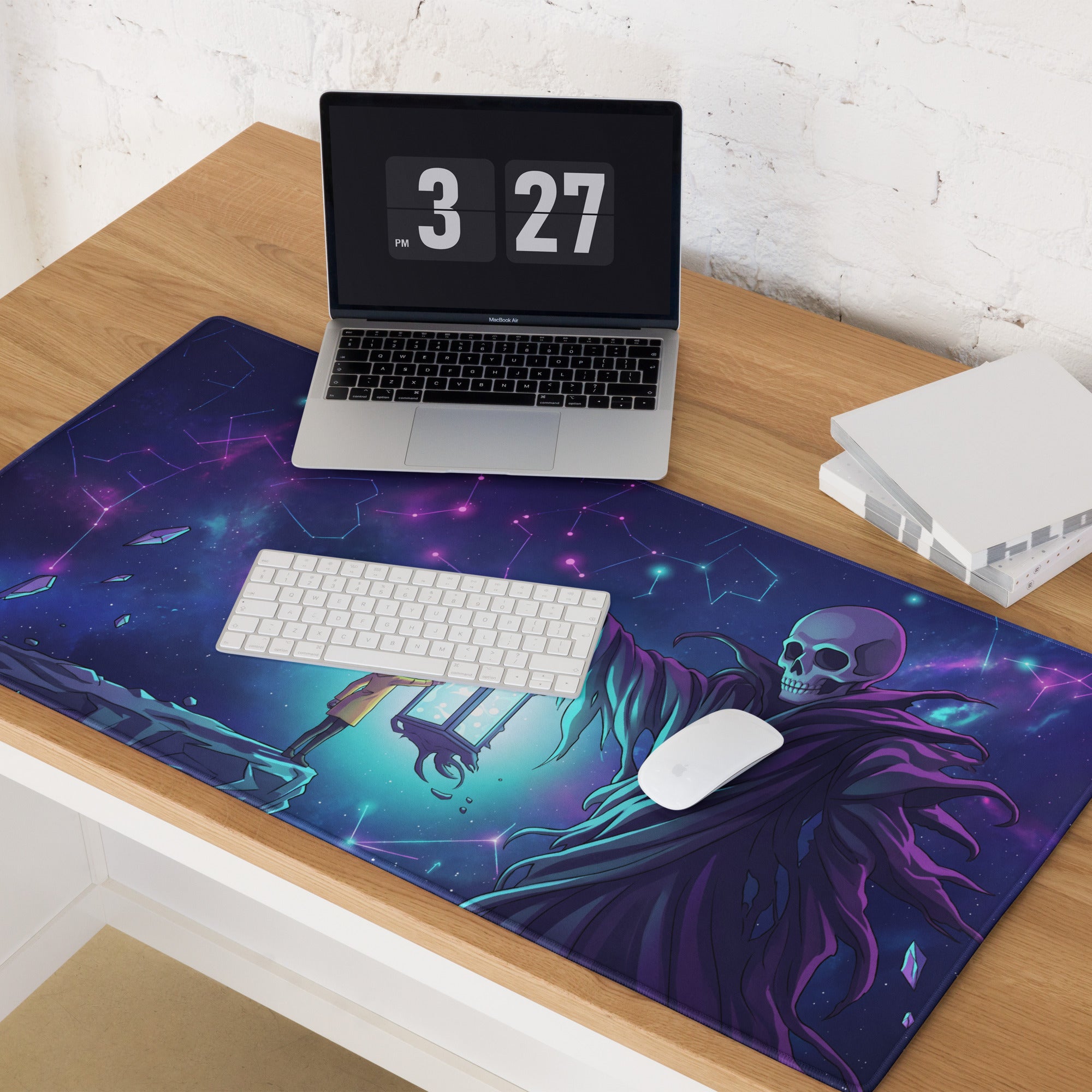 Neon skull vaporwave mouse pad featuring a cosmic purple skeletal figure on a deep blue starry background for gaming