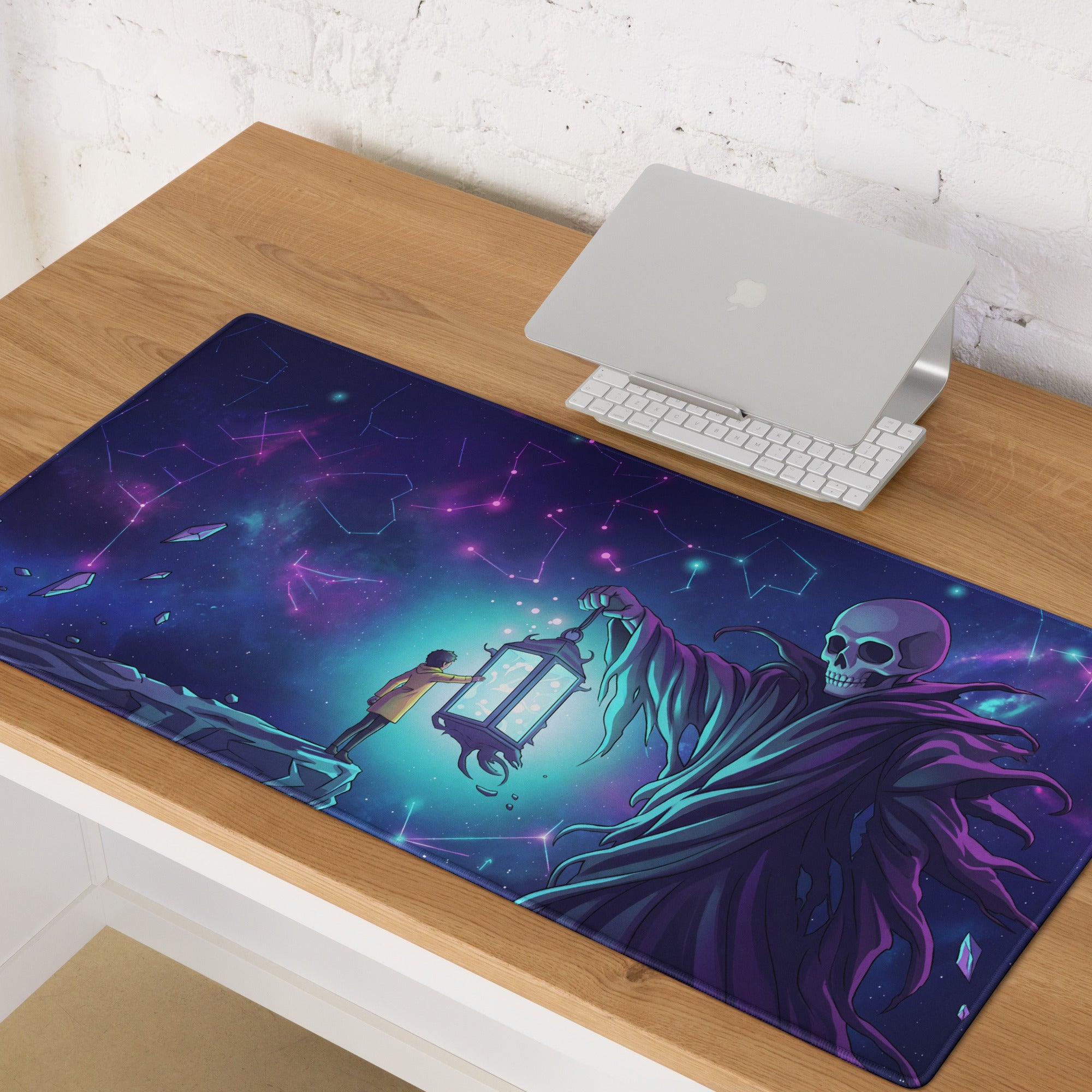 Neon skull vaporwave mouse pad with dark blue and purple cosmic design featuring a skeletal figure and lantern