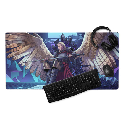 A rectangular vaporwave angel flight mouse pad with a purple blue pink angelic warrior and neon crystalline design