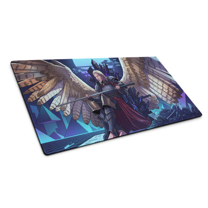 Rectangular gaming mouse pad with angelic warrior illustration featuring purple blue vaporwave wings and neon grid background