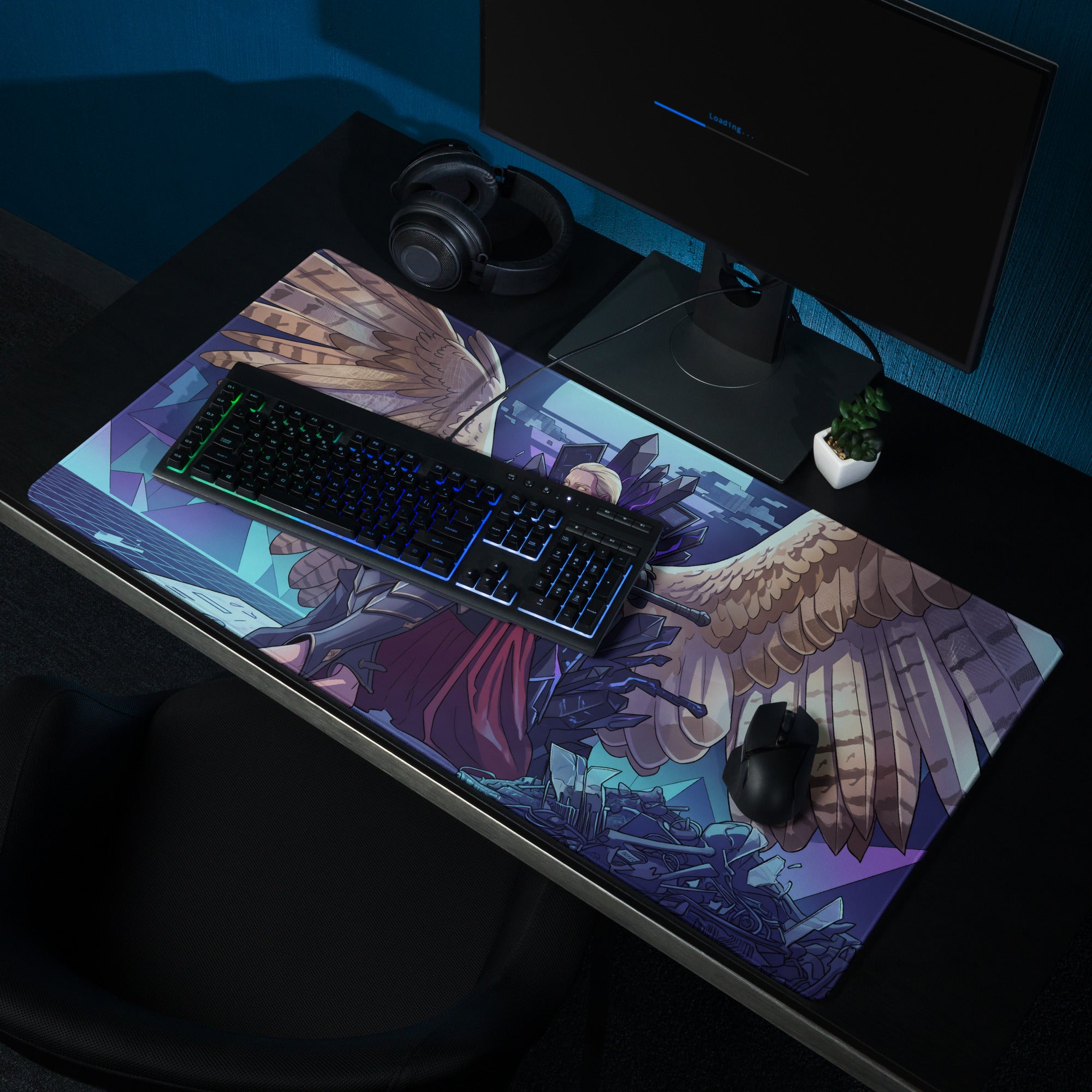 Vaporwave angel flight gaming mousepad with vibrant purple blue pink anime character and large wings on neon grid background