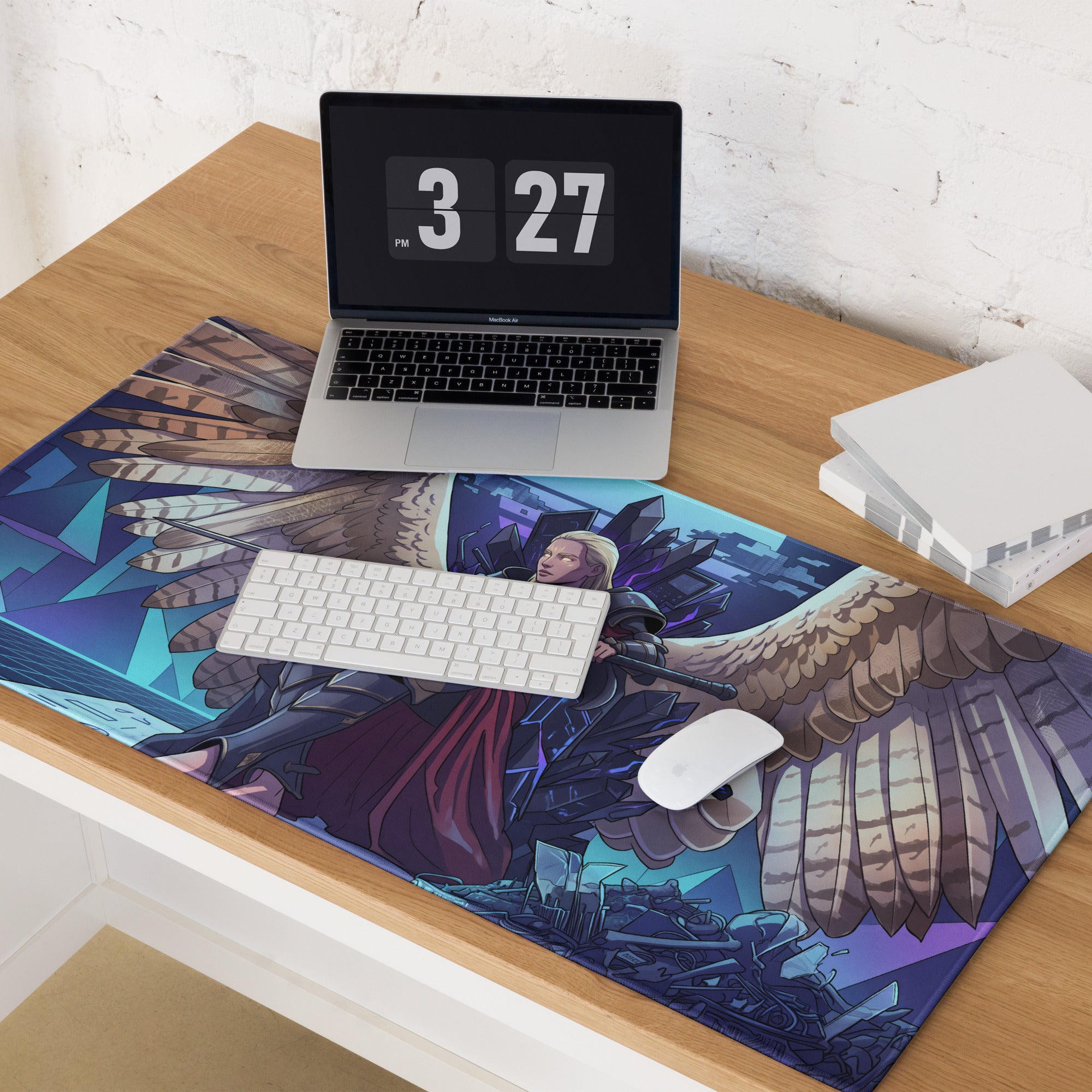 Vaporwave angel flight gaming mouse pad with blue and purple winged warrior design for retro futurism setups