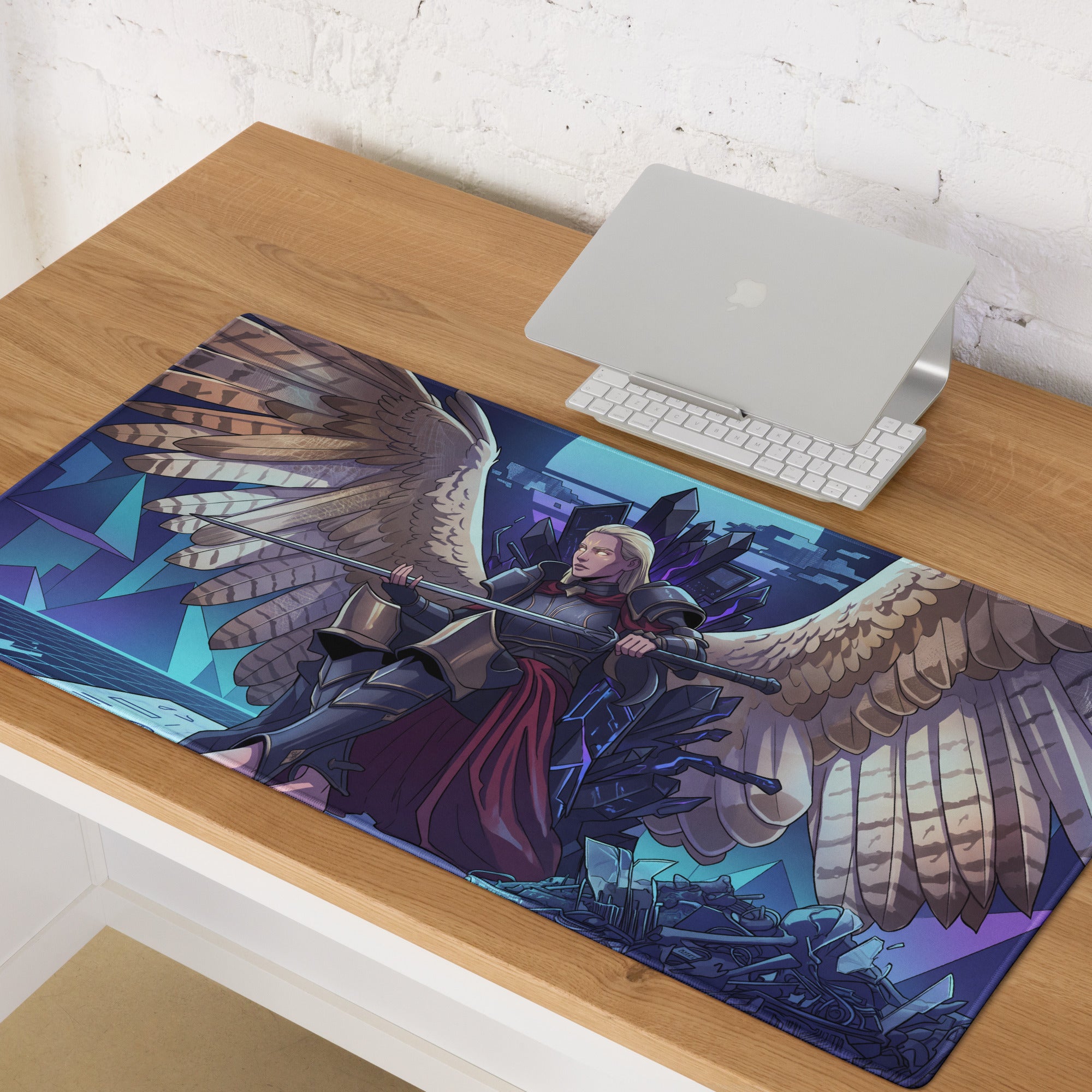 Vaporwave angel flight gaming mousepad with angel wings on purple blue pink neon fantasy cityscape design