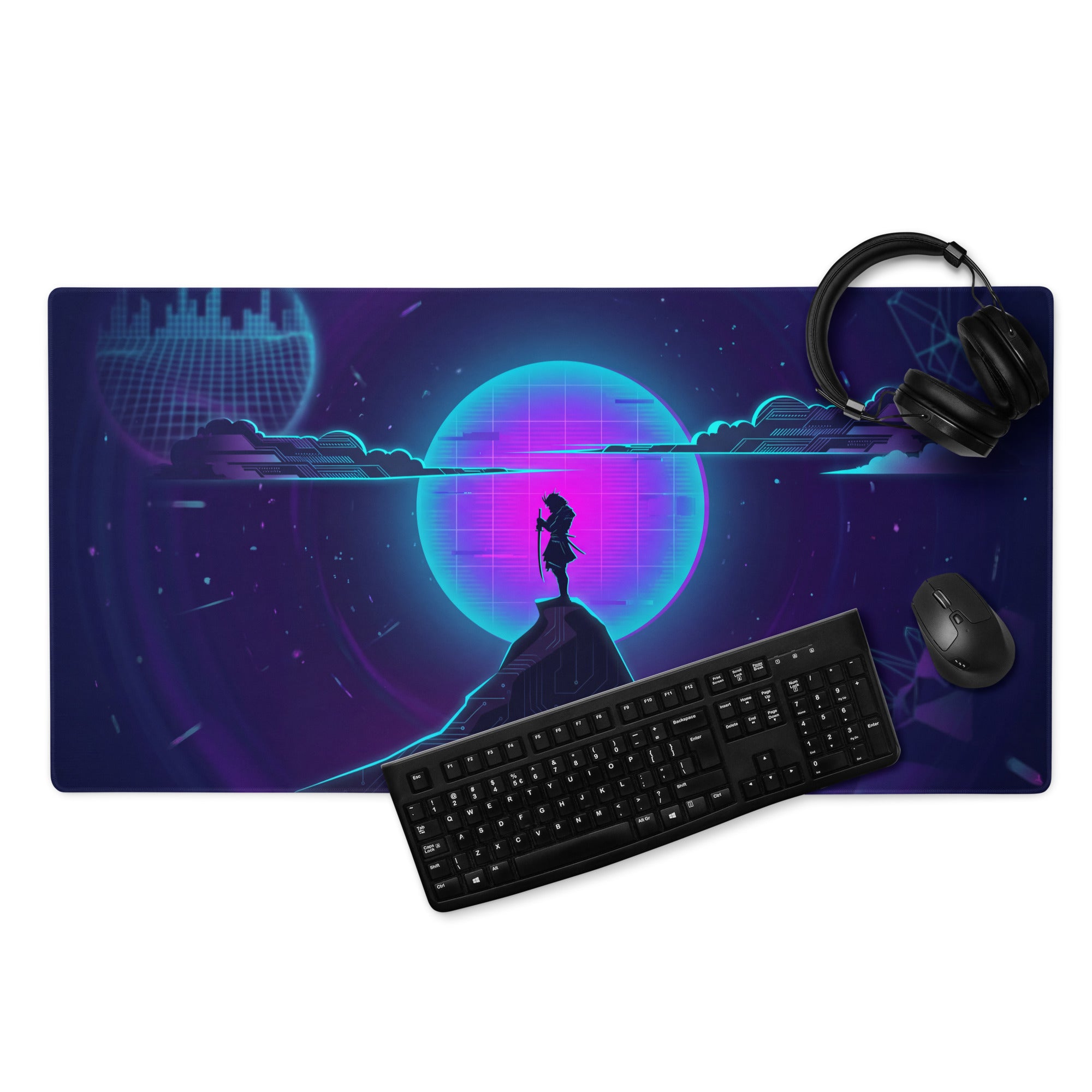 Neon purple and blue vaporwave gaming mouse pad with retro-futuristic mountain silhouette and glowing circular sky design