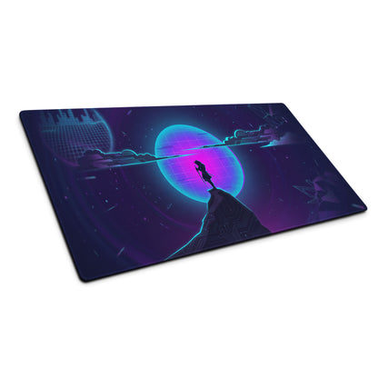 Vaporwave neon gaming mouse pad with glowing purple and cyan nebula design and silhouette figure on rocky outcrop