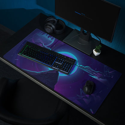 Purple and blue neon vaporwave gaming mouse pad with futuristic cityscape design for cyberpunk desk setup