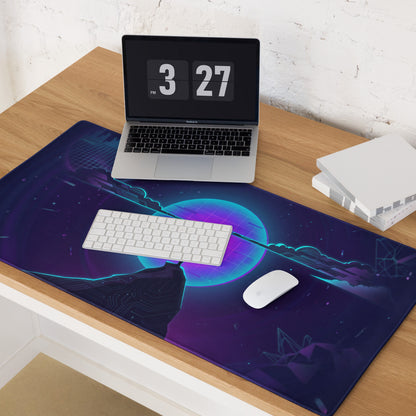 Navy blue and purple neon cyberpunk gaming mouse pad with glowing circuit board design for desk use