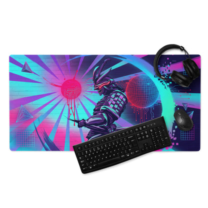 Vaporwave neon dragon pad gaming mousepad with vibrant neon pink cyan colors and futuristic samurai warrior design