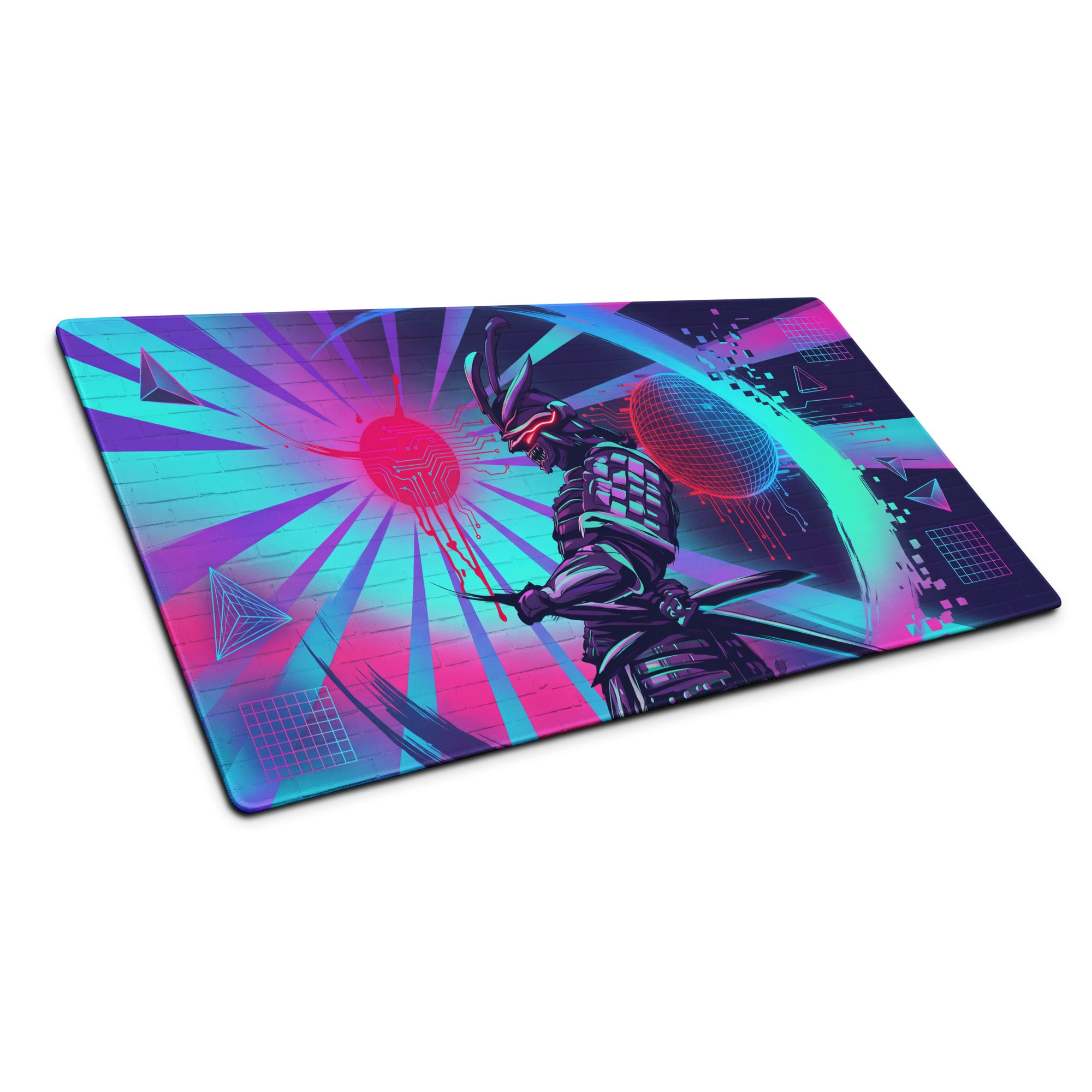 Vaporwave neon pink cyan gaming mousepad with futuristic samurai in black armor on radiant geometric background