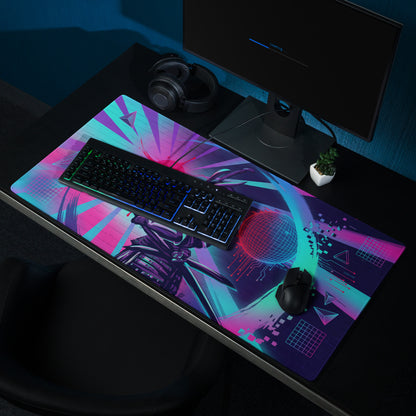 Vaporwave neon dragon pad gaming mousepad in vibrant pink purple and teal with futuristic cyberpunk design