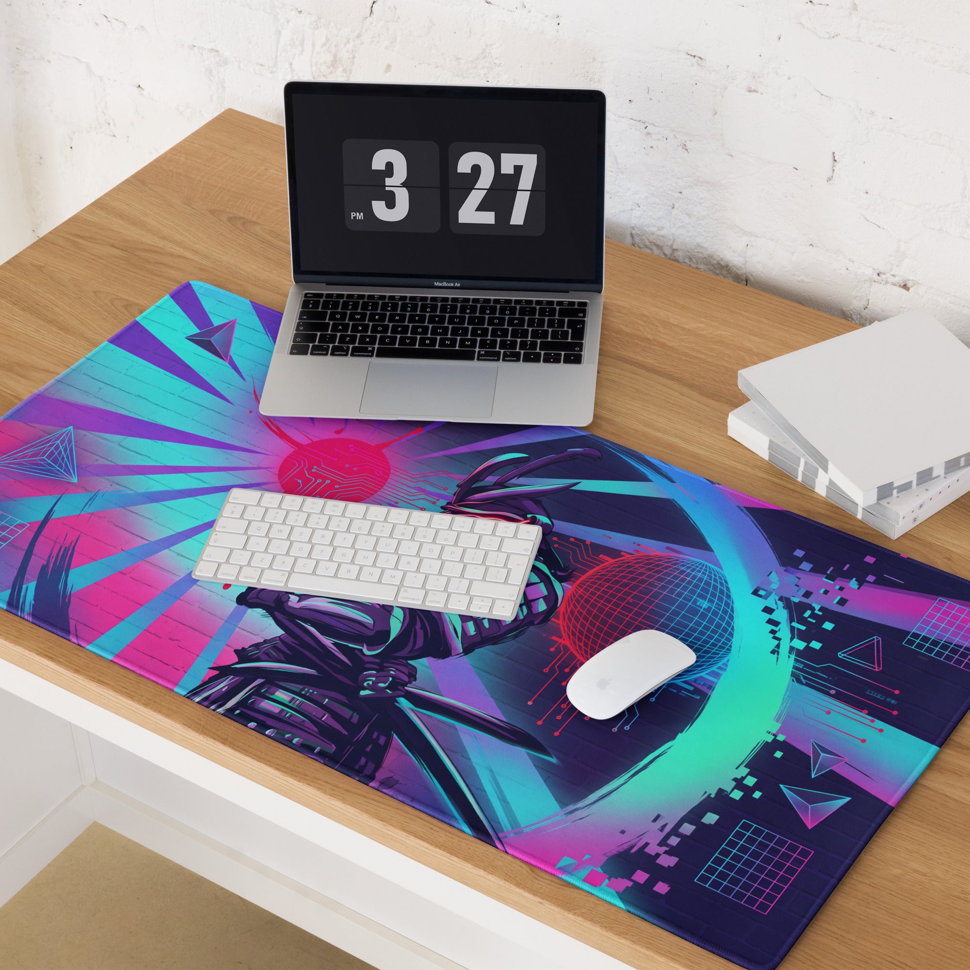 Vibrant neon cyberpunk gaming mousepad with a futuristic robot design in purple blue and pink vaporwave colors