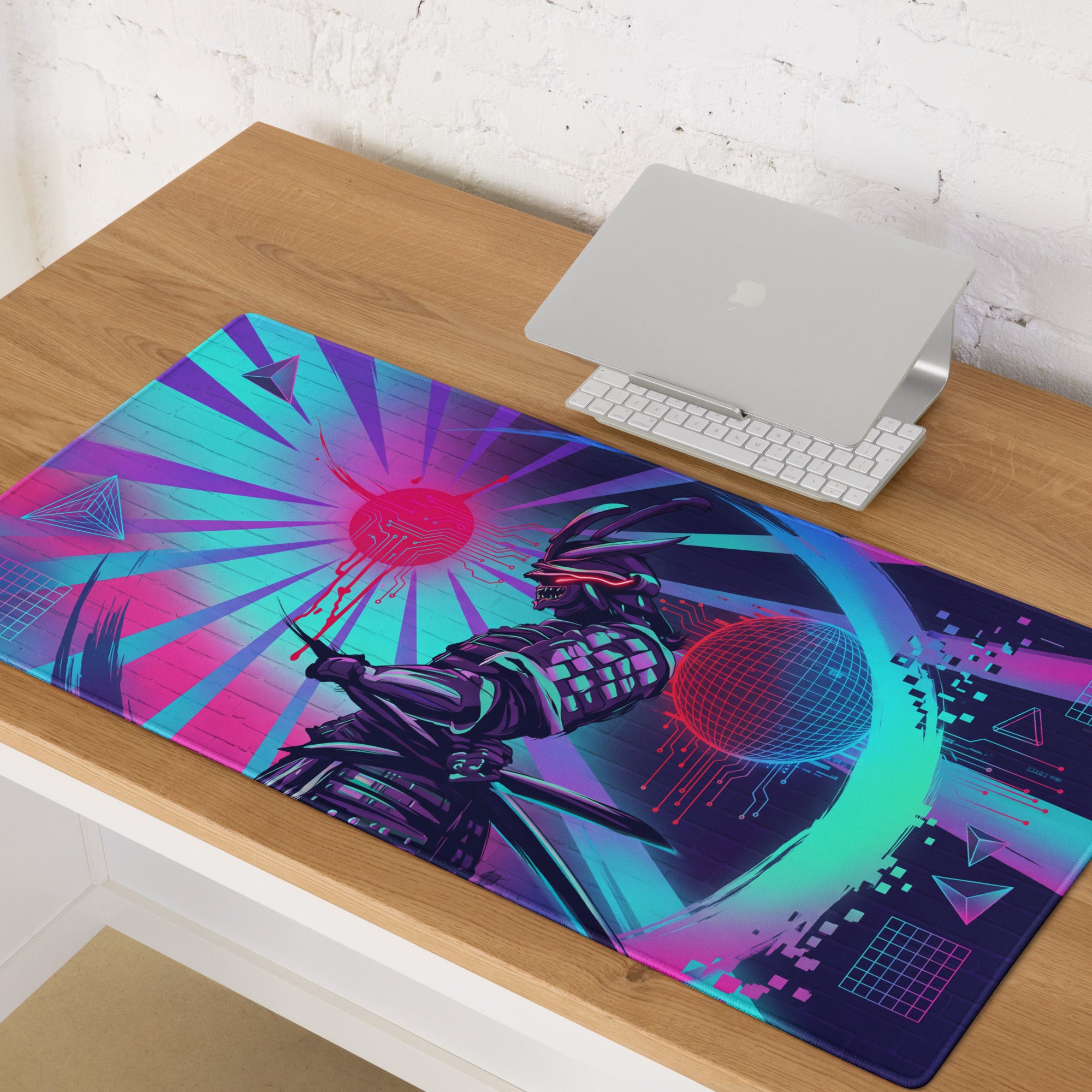 Vaporwave neon dragon pad gaming mousepad with vibrant pink purple blue hues and futuristic samurai warrior design