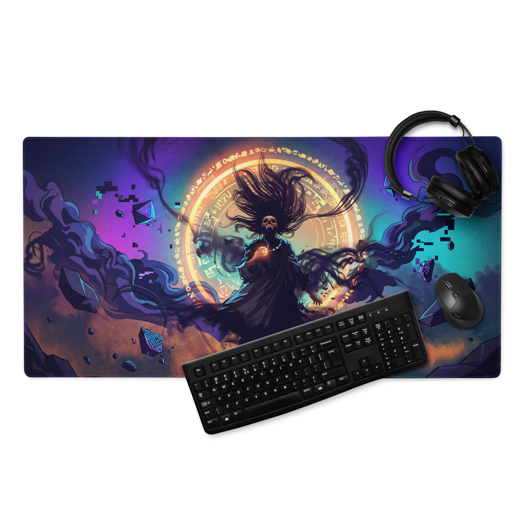 Vaporwave neon nightscape gaming mouse pad in purple and teal featuring a skeletal figure with flowing hair and glowing backdrop
