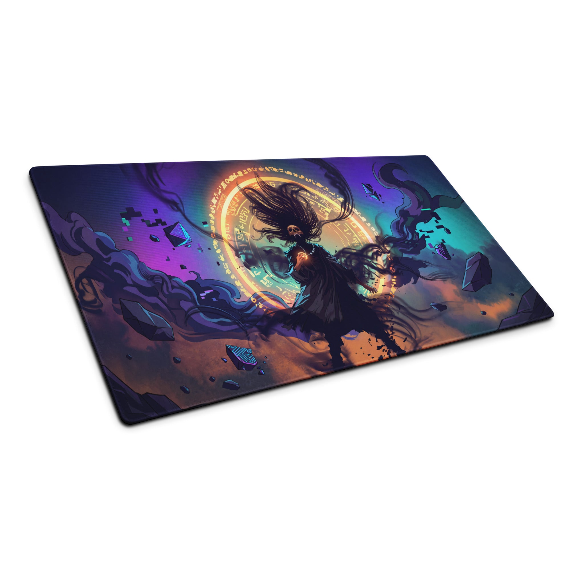 Vaporwave neon nightscape mouse pad featuring a vibrant dark-haired figure on a cosmic purple blue gaming desk setup