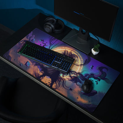 Vaporwave neon nightscape gaming mouse pad with dark-haired figure and purple orange dreamy neon desk decor