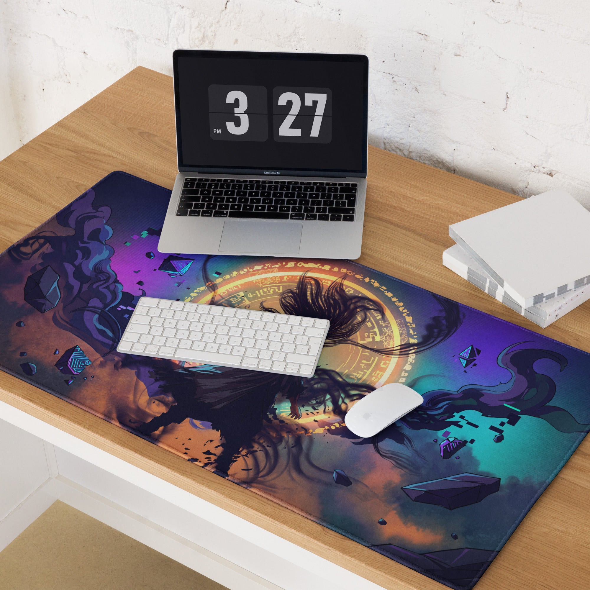 Vibrant purple and teal vaporwave neon nightscape gaming mouse pad with stylized character and cosmic background