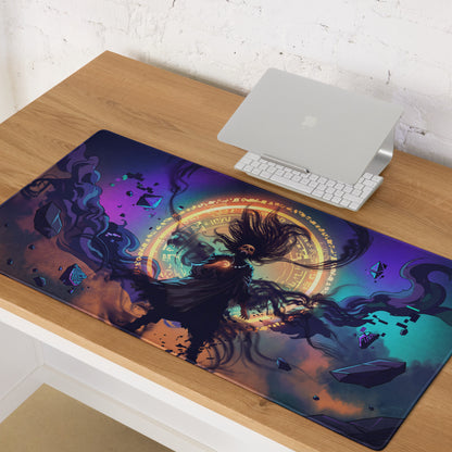 Vibrant purple and teal vaporwave neon nightscape gaming mouse pad with dynamic figure and cosmic backdrop design